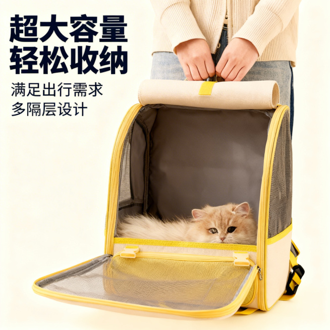[主图 2] 猫咪外出双肩包大容量卖点展示
[氛围风格] 舒适简约风格，干净整洁氛围感
[画面元素] 商业摄影质感、光线柔和通透、产品清晰真实、画面干净高级。保持原产品外观配色不变，打开包展示内部空间预览效果