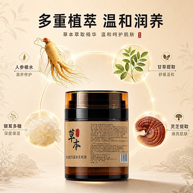 [主图-2] 核心功效成分解析，展示妃蜜诗草本定制乳霜的多重植萃成分与保湿滋润功效，传递专业温和护肤理念。
[统一基调] 整体风格为中式草本高级质感，温润自然，背景主色为米白渐变搭配浅棕草木色调，标题字色为深墨褐色，辅助字色为暖棕色，强调色为朱砂红，主标题字体为现代非衬线粗体，说明文字为同系列细体，卡片采用细描边圆角浅米色样式。
[画面] 产品瓶身位于画面下方居中，占画面约40%，正面展示。瓶身上方悬浮展示4种核心草本成分的可视化元素：左上角是人参根须配细线标注「人参根水 滋养修护」，右上角是甘草叶片配细线标注「甘草提取 舒缓温和」，左下角是银耳半透明胶质质感配细线标注「银耳多糖 深度保湿」，右下角是灵芝切片配细线标注「灵芝提取 焕亮肌肤」。四种成分以环形环绕在产品上方，中间有细微的金色光线连接，形成成分环绕产品的视觉效果。背景为浅米色渐变，带有淡淡的草本纹理暗纹。
[光影质感] 商业产品摄影结合3D成分渲染质感，产品瓶身保持真实光影，悬浮的草本成分有通透的光感，边缘有柔和的光晕，整体光影统一从上方入射，瓶底有自然投影。
[配色] 主色米白+浅棕+琥珀色，成分元素保留各自自然色彩（人参土黄、甘草绿色、银耳透白、灵芝红褐），但饱和度降低融入整体色调，标题深墨褐，强调线为细金色。
[文字版式] 主标题位于画面顶部居中，大字「多重植萃 温和润养」，下方四个成分标注文字沿成分旁排布，字体大小为主标题的40%，每个配一个小图标式的成分名标签。
[输出要求] 1:1正方形比例，2K分辨率，文字清晰可读，产品清晰不变形，成分元素精致有质感，无错字水印，无平台Logo，整体专业有说服力。