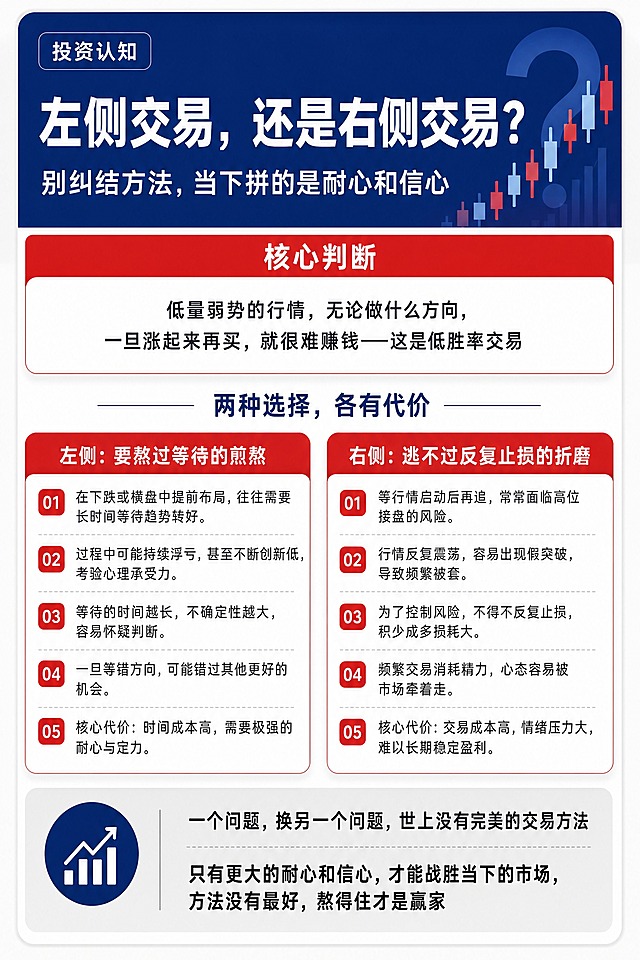 参考图的版式骨架、配色方案和排版结构，制作一张竖版投资认知内容海报。保留参考图的整体版式分区：顶部标题栏、中部左右两栏信息卡片、底部补充说明区的结构；保留参考图的红蓝白配色体系（顶部深蓝色标题栏、红色强调条、白色内容底、浅灰背景），以及圆角卡片、序号标签、分栏排版的视觉语言。将全部文案替换为本次交易主题内容，不要保留参考图任何社保相关文字和装饰图标。

具体内容分区：
[顶部标题区] 深蓝色背景栏，左上角小字标签"投资认知"，主标题大字为"左侧交易，还是右侧交易？"，下方副标题为"别纠结方法，当下拼的是耐心和信心"，右侧配简约的股市K线或问号图形装饰。
[红色强调条] 标题下方一条红色通栏，文字为"核心判断"。
[核心判断区] 白底圆角卡片，内文："低量弱势的行情，无论做什么方向，一旦涨起来再买，就很难赚钱——这是低胜率交易"。
[两栏对比区] 左右两个并排的白底圆角卡片，左栏标题"左侧：要熬过等待的煎熬"，右栏标题"右侧：逃不过反复止损的折磨"；两栏上方统一小标题"两种选择，各有代价"。
[底部总结区] 浅灰底圆角卡片，内文："一个问题，换另一个问题，世上没有完美的交易方法。只有更大的耐心和信心，才能战胜当下的市场，方法没有最好，熬得住才是赢家。"

整体风格：扁平商业插画风格，信息清晰，排版精美，层级分明，四周留安全边距，金融投资类理性沉稳调性。画面中所有信息区域必须填充完整合理的内容，不得出现空白框或占位。不要二维码，不要二维码占位符。

画面中必须完整呈现以下文字信息：
"左侧交易，还是右侧交易？"
"别纠结方法，当下拼的是耐心和信心"
"核心判断"
"低量弱势的行情，无论做什么方向，一旦涨起来再买，就很难赚钱——这是低胜率交易"
"两种选择，各有代价"
"左侧：要熬过等待的煎熬"
"右侧：逃不过反复止损的折磨"
"一个问题，换另一个问题，世上没有完美的交易方法"
"只有更大的耐心和信心，才能战胜当下的市场，方法没有最好，熬得住才是赢家"