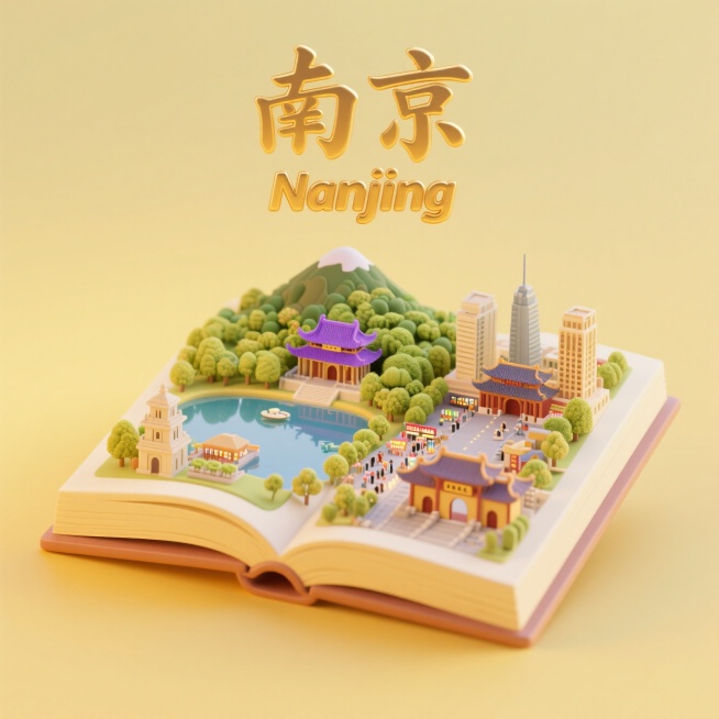 一本打开的古代书籍，书是打开的，书上是南京城市景观微缩模型，有南京的紫金山，中山陵，玄武湖，新街口，明故宫，总统府，上方有中文“南京”和英文“Nanjing”，整体画面生动，色调温暖明快，充满活力与朝预览效果