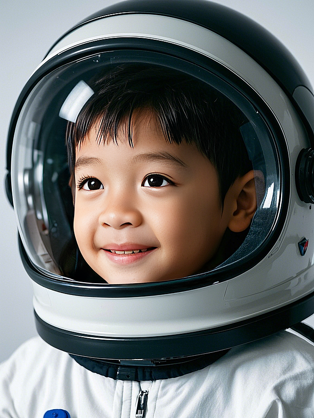 小朋友，男生，航天员穿搭，背景干净，证件照