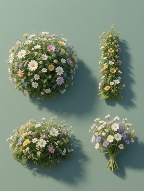 一组4个完全不同造型的花丛元素系列素材集合，保持写实风格，具有清晰的植物纹理和自然的光影效果，每个花丛都有独特的花卉种类和形态，包括圆形花簇、长条形花丛、不规则花丛和小型花束，所有元素规整排布在纯色背景上，边缘清晰无阴影，适合设计素材使用。预览效果