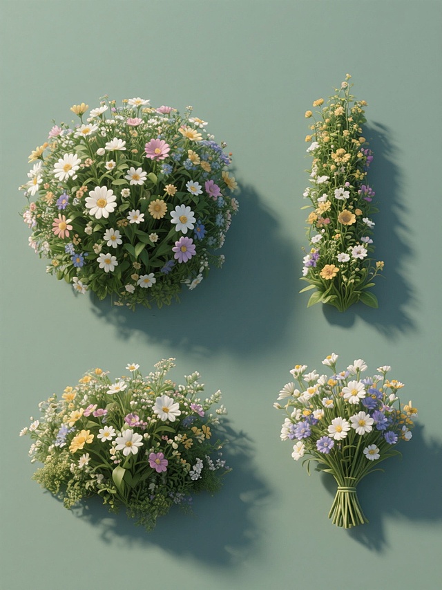 一组4个完全不同造型的花丛元素系列素材集合，保持写实风格，具有清晰的植物纹理和自然的光影效果，每个花丛都有独特的花卉种类和形态，包括圆形花簇、长条形花丛、不规则花丛和小型花束，所有元素规整排布在纯色背景上，边缘清晰无阴影，适合设计素材使用。