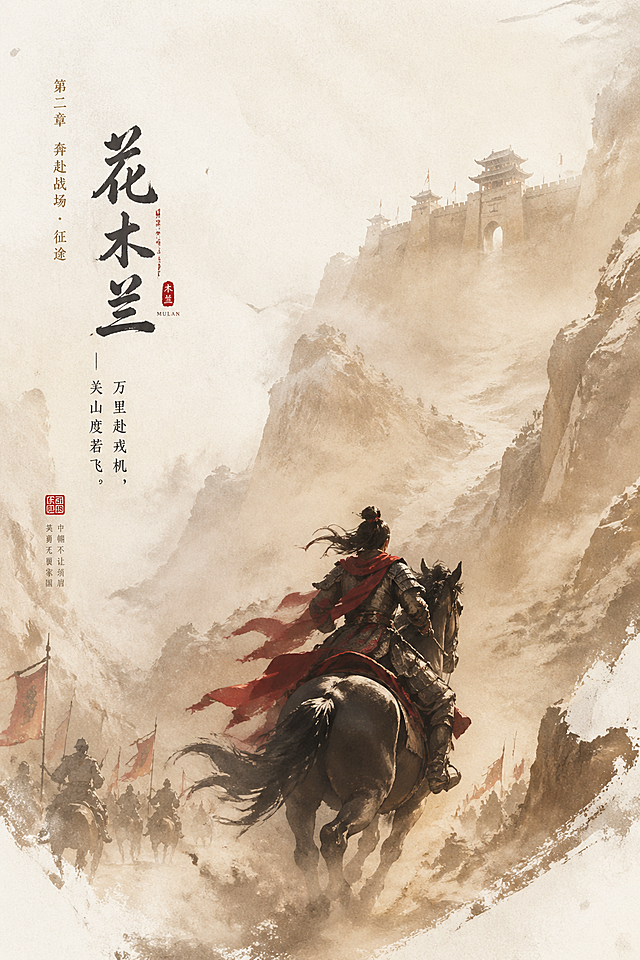 木兰故事第二章"奔赴战场・征途"：木兰购置鞍马告别家人，千里奔赴边关，万里赴戎机关山度若飞，她女扮男装在军营中与战友同训练共生死，画面呈现木兰策马穿行在关山隘口，漫天风沙，远处边关城楼若隐若现，整体是收藏版史诗叙事海报，高级叙事合成，电影海报与梦幻水彩插画融合风格，柔和空气透视，轻雾化过渡，纸张颗粒，边缘飞白与刷痕，大面积留白，版式克制高级，安静、宏大、神圣、怀旧、诗意，充满传说感，元素强绑定主题，构图干净不杂乱，非硬拼贴，无模板化背景