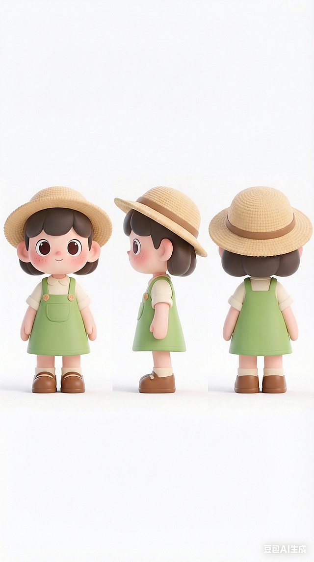 根据图片，生成这个女孩的正视图侧视图背视图，三视图