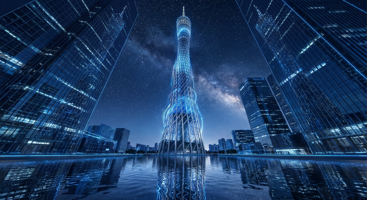超写实 CGI，仰视视角拍摄广州塔小蛮腰，从珠江水面向上仰视，塔身占据画面中心，两侧现代玻璃幕墙建筑形成透视框架，夜空繁星闪烁，水面倒映塔身，画面科技感拉满，赛博未来风，8K 超高清，电影级光影，广角预览效果