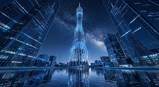 超写实 CGI，仰视视角拍摄广州塔小蛮腰，从珠江水面向上仰视，塔身占据画面中心，两侧现代玻璃幕墙建筑形成透视框架，夜空繁星闪烁，水面倒映塔身，画面科技感拉满，赛博未来风，8K 超高清，电影级光影，广角透视效果，主色调深邃星空蓝加金属银，带有动态效果：科技感绕线缓缓上升，星光闪烁，建筑光影流动