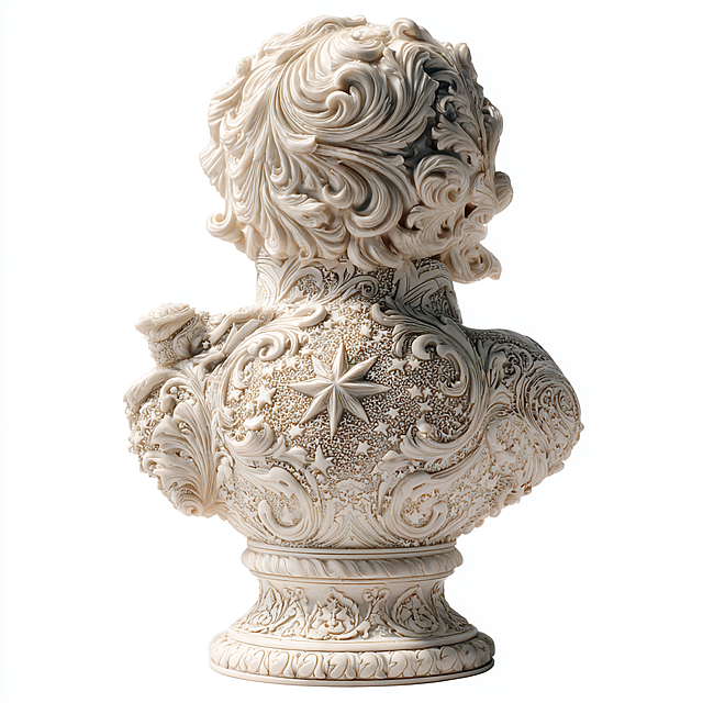 Little angel bust sculpture, round base, intricate and luxurious Aries constellation relief, ornate star patterns, delicate celestial carvings, elaborate zodiac symbols, pure white background, product shot, soft lighting, high detail, clean composition