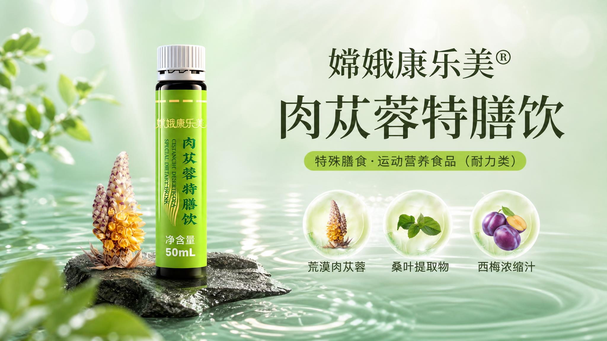 肉苁蓉特膳饮口服液产品视频封面图，写实商业摄影风格。画面中央偏… - 图片创意预览