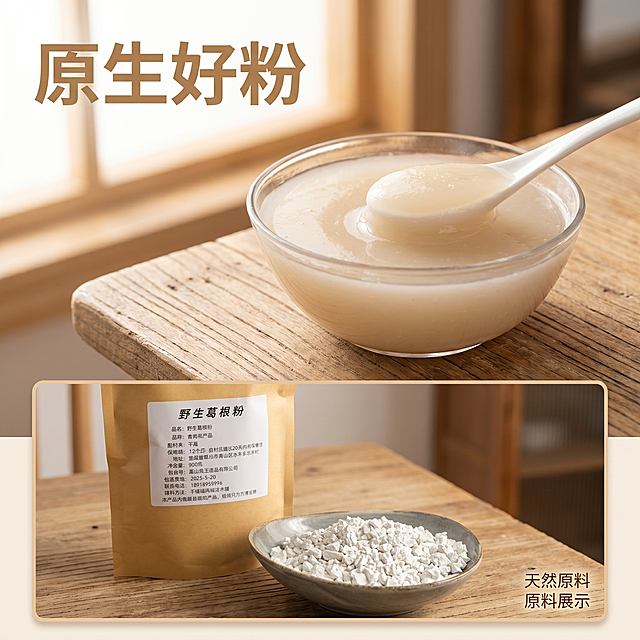 [主图-4] 野生葛根粉食用场景展示，画中画拼图版式。[氛围风格] 温馨自然生活场景，唤起食用联想；[画质] 商业摄影质感，光线柔和通透，产品清晰真实，画面干净高级。[元素] 上半部分大区域展示冲泡好的葛根粉成品，细腻半透明糊状盛放在玻璃碗中，下半部分小区域画中画展示原图中袋装和散装原料产品，保持原料葛根粉和包装外观质感与原图一致，杜绝变形色差，光影统一协调。画框为极细浅棕色边框，标注"原料展示"小字在框外右下角。商品主体整体占比约70%，画面满屏布局。[光影] 室内靠窗柔和自然光，整体暖调光线，成品光泽自然，原料光影与场景统一。[配色] 主色调：成品浅米黄，包装牛皮纸黄，背景木色餐桌浅棕色。[视角构图] 上下拼接构图，整体平视，主体完整。[文字版式] 左上角大字文案"原生好粉"，浅棕色粗体，右下方画中画外标注小字"天然原料"。[比例分辨率] 1:1 比例，2k 分辨率，文字清晰锐利，画面超高清。[负向提示词] 变形，水印，文字错乱，产品图模糊，背景杂乱。