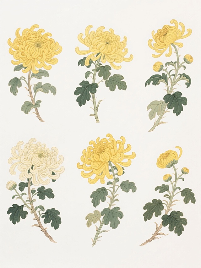 六个不同样式、不同材质的菊花，采用中国传统工笔插画风格，线条细腻流畅，色彩明快鲜亮，黄色花瓣层次丰富，绿色叶片脉络清晰，整体造型写实且富有装饰性，以白色为背景，呈整齐排列状态。