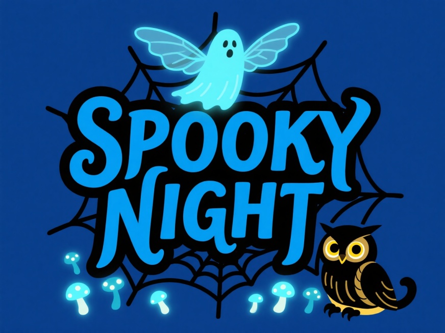 “SPOOKY NIGHT” 艺术字，上方有长着翅膀的幽灵形象，周围搭配发光蘑菇、猫头鹰、蜘蛛网等元素，色彩以蓝黑为主，背景为深蓝色，奇幻风格。预览效果