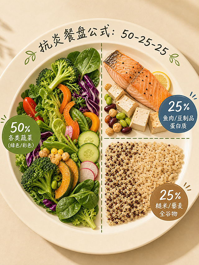 一个圆形餐盘分区示意图：50%区域为各类绿色/彩色蔬菜，25%区域为鱼肉/豆制品蛋白质，25%区域为糙米/藜麦全谷物。盘子外圈手写体标注"抗炎餐盘公式：50-25-25"，自然光，暖色调扁平设计