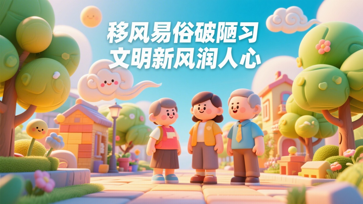 3D卡通风格的宣传海报，整体色调明亮温暖，画面有Q版卡通的文明市民形象、可爱的祥云和树木装饰，画面醒目位置展示文字："移风易俗破陋习 文明新风润人心"，氛围活泼积极，适合文明宣传主题预览效果