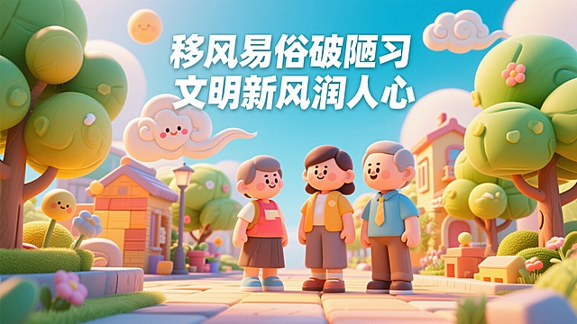 3D卡通风格的宣传海报，整体色调明亮温暖，画面有Q版卡通的文明市民形象、可爱的祥云和树木装饰，画面醒目位置展示文字："移风易俗破陋习 文明新风润人心"，氛围活泼积极，适合文明宣传主题