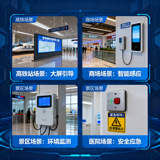 淘宝智慧厕所场景应用展示图，分四格展示：1. 高铁站场景（大屏引导）2. 商场场景（智能感应）3. 景区场景（环境监测）4. 医院场景（安全应急），每个场景配对应实拍图+文字说明，科技蓝主色调，几何无预览效果