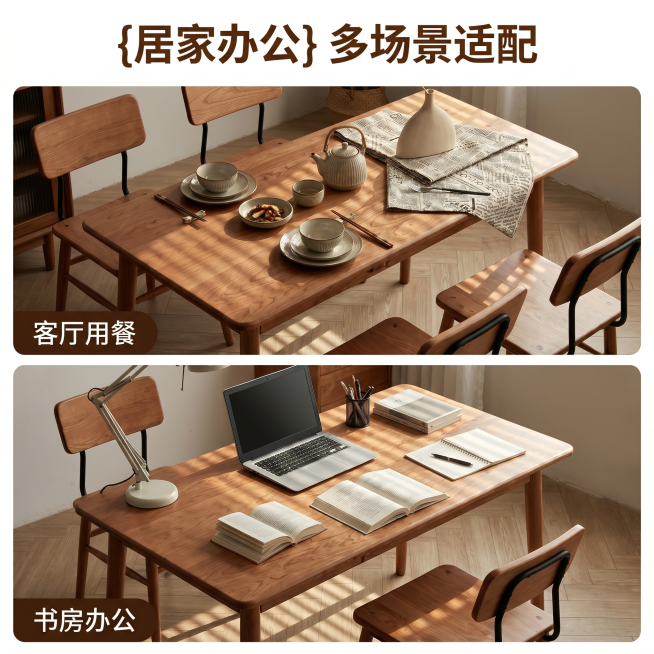 [主图 4] 多场景适配展示-实木桌面板多场景适配拼图。
[氛围风格] 中式实用展示，整洁百搭感；
[画质] 商业摄影质感、光线柔和通透、产品清晰真实、画面干净高级。
[元素] 采用双宫格拼图，上图展预览效果