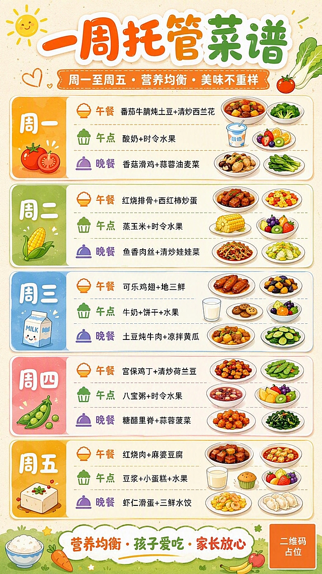 一张竖版9:16的一周托管菜谱海报，清新温暖有食欲感，适合小学生托管场景。顶部大标题"一周托管菜谱"，副标题"周一至周五 · 营养均衡 · 美味不重样"。中部以卡片式布局展示五天菜谱，每天一个圆角彩色卡片，从上到下依次排列：周一、周二、周三、周四、周五。每张卡片内分三行：午餐、午点、晚餐，菜名左对齐，用小图标区分餐次。具体内容如下：周一卡片：午餐"番茄牛腩炖土豆+清炒西兰花"，午点"酸奶+时令水果"，晚餐"香菇滑鸡+蒜蓉油麦菜"；周二卡片：午餐"红烧排骨+西红柿炒蛋"，午点"蒸玉米+时令水果"，晚餐"鱼香肉丝+清炒娃娃菜"；周三卡片：午餐"可乐鸡翅+地三鲜"，午点"牛奶+饼干+水果"，晚餐"土豆炖牛肉+凉拌黄瓜"；周四卡片：午餐"宫保鸡丁+清炒荷兰豆"，午点"八宝粥+时令水果"，晚餐"糖醋里脊+蒜蓉菠菜"；周五卡片：午餐"红烧肉+麻婆豆腐"，午点"豆浆+小蛋糕+水果"，晚餐"虾仁滑蛋+三鲜水饺"。底部装饰语"营养均衡 · 孩子爱吃 · 家长放心"。配色采用暖橙+米白+浅绿的清新温暖色调，卡片用不同柔和颜色区分每天，有食物小插画装饰（蔬菜、水果、米饭等简笔画图标），背景浅米色带细微纹理，整体活泼可爱又整洁清晰，版式精美，文字清晰可读。画面中所有信息区域和卡片必须填充完整合理的内容，不得出现空白框或空白占位。画面中所有二维码区域使用纯色方块占位符呈现，方块中央标注"二维码占位"文字，严禁生成任何可识别的二维码图案。
