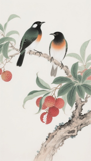 中国工笔画风格，荔枝枝干上栖息两只鸟儿，鸟羽呈黑绿渐变与橙白相间，喙部尖细，黑瞳炯炯，爪握枝干。枝桠遒劲，绿叶经脉分明，红荔饱满带白尖，果实成簇垂坠。整体构图疏朗，留白雅致，线条细腻流畅，设色清丽明快，晕染自然，营造出静谧祥和的传统花鸟意境。预览效果