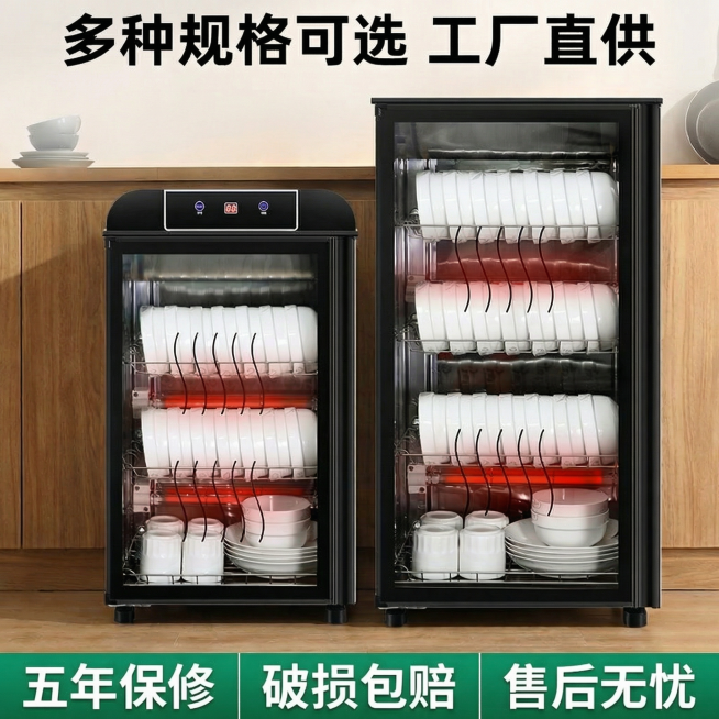 重新优化这张总结图：保留两款消毒柜并排展示，简化底部三栏售后卖点，减少文字占比，增加画面留白，只保留顶部主标题，底部简化成一行卖点文字，让产品主体更突出，保持产品外观不变，厨房实景风格，透气简约高级，预览效果