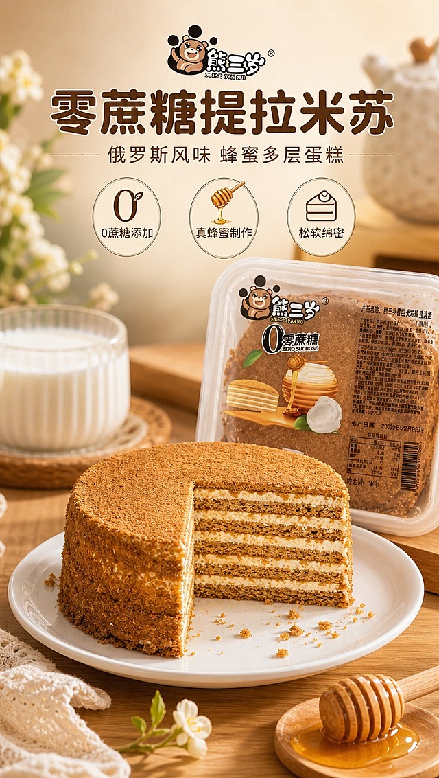 [商品] 使用【图2】【图3】熊三岁提拉米苏蜂蜜蛋糕（原味）；保留品牌Logo"熊三岁"、"0零蔗糖"标识、透明方盒包装、圆形蛋糕外形、棕黄色蛋糕体、多层奶油夹心结构；商品处理：保留蛋糕真实纹理和包装文字，增强蛋糕体绵密质感与奶油层光泽，不改变产品结构与颜色。
[画面] 目标：食欲氛围头图，建立零蔗糖俄罗斯提拉米苏第一印象。构图：上文下图，顶部标题区占30%，中部产品主体占55%，底部装饰占15%；主体为切开一角的完整提拉米苏蛋糕置于白色瓷盘，旁边摆放独立包装盒，背景是温馨下午茶场景（木质桌面、暖黄灯光、牛奶杯、绿植虚化）；前景点缀蛋糕碎屑与蜂蜜勺，中景蛋糕主体，后景虚化礼盒与餐具；阅读动线从上到下。
[视觉] 套系策略：风格=暖调治愈食欲风商业摄影；标题字=圆润粗黑体（可爱亲和）；正文字=简洁无衬线体；主色=蜂蜜暖棕+奶白色；背景延展=基于暖棕与奶白做深浅层级、同色渐变和细腻木纹/纸张质感；强调色=蜂蜜金黄色，仅用于小面积图标、引线和标签高光；标题色=深棕褐色；正文色=暖棕灰；组件=圆角奶白信息卡、细线引线、蜂蜜滴装饰；光影=左前侧暖柔光，右侧柔和补光，营造温馨下午茶氛围。
[文字] 顶部居中主标题「零蔗糖提拉米苏」，副标题「俄罗斯风味 蜂蜜多层蛋糕」，下方3个小图标卖点：0蔗糖添加、真蜂蜜制作、松软绵密；文字区不遮挡蛋糕主体切面与奶油层；所有文字横排，字号保证手机端清晰可读。
[规格] 图片比例9:16竖版，4K分辨率，避免变形、错字、文字过小、冷蓝/冷灰背景、蛋糕颜色改变、结构失真、极限词。