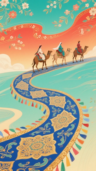 新中式风格插画，以新疆地域文化为灵感，画面主体为蜿蜒如绸带的华丽道路，路面装饰繁复的金色传统花纹与蓝色底纹，边缘缀有彩色流苏。三位身着传统服饰的人物骑乘骆驼商队行走其上，背景是渐变的橙红与青绿交融的天空，点缀细碎的花卉与纹饰图案，整体呈现出浓郁的丝路风情与东方美学韵味，色彩明快和谐，线条流畅优雅，兼具装饰性与叙事性。预览效果
