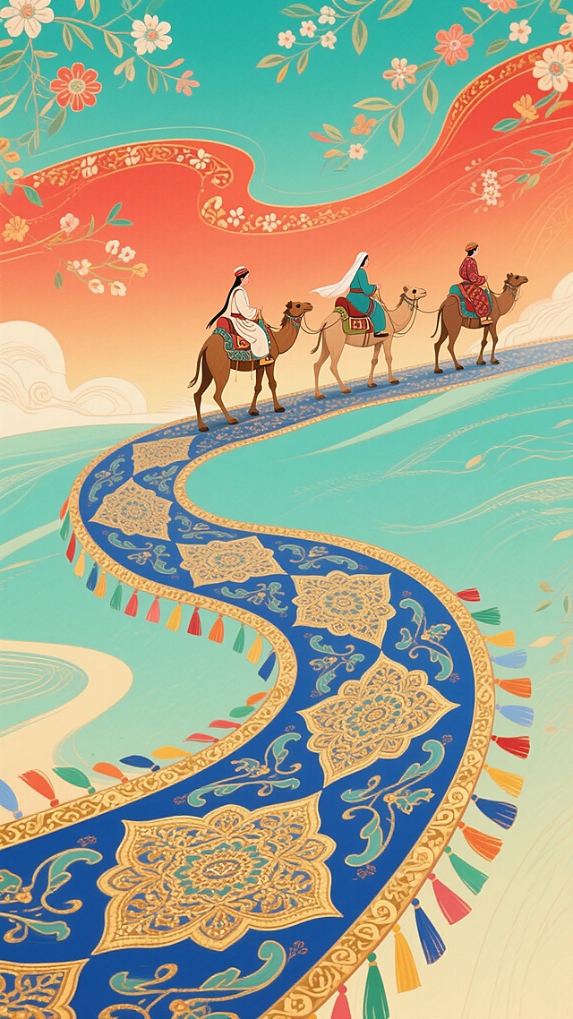 新中式风格插画，以新疆地域文化为灵感，画面主体为蜿蜒如绸带的华丽道路，路面装饰繁复的金色传统花纹与蓝色底纹，边缘缀有彩色流苏。三位身着传统服饰的人物骑乘骆驼商队行走其上，背景是渐变的橙红与青绿交融的天空，点缀细碎的花卉与纹饰图案，整体呈现出浓郁的丝路风情与东方美学韵味，色彩明快和谐，线条流畅优雅，兼具装饰性与叙事性。