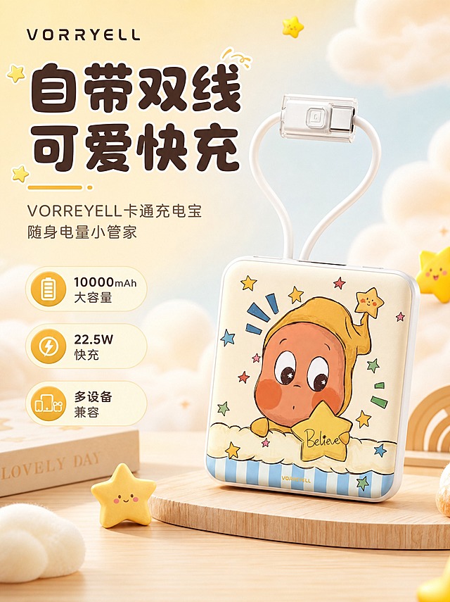 [商品] 使用【图1】VORREYELL充电宝；保留方形圆角外观、奶黄色卡通星星小人图案、顶部白色自带双线与Type-C转接头、VORREYELL品牌标识；增强产品表面哑光质感与图案印刷清晰度，不改变产品结构和颜色。
[画面] 第1张 首屏KV海报 目标建立产品可爱治愈整体印象与核心利益点；浅色生活场景型版式，大标题压迫型骨架；产品位于画面中央偏右，占画面约55%，正面展示卡通图案，自带线自然伸出呈柔和弧线；左侧为文案区，背景是柔和的奶黄色渐变搭配云朵、星星等卡通装饰元素，底部有浅木色桌面承载产品，营造温馨治愈氛围；前景点缀小星装饰，中景产品主体，远景柔和光晕。
[视觉] 套系策略：风格=奶黄浅蓝治愈系可爱3C数码商业摄影；标题字=圆润可爱粗体无衬线；正文字=简洁圆润无衬线体；主色=奶黄色；背景延展=基于奶黄与浅蓝做渐变、同色深浅层级和柔和光晕质感；强调色=暖黄色，仅用于小面积图标、引线和标签高亮；标题色=深棕色；正文色=中暖灰色；组件=圆角浅底信息卡、圆润图标、柔和阴影；光影=左前侧暖柔光，产品边缘有柔和高光。
[文字] 左侧文案区主标题 自带双线 可爱快充 两行大字；副标题 VORREYELL卡通充电宝 随身电量小管家；下方3个卖点胶囊 10000mAh大容量 22.5W快充 多设备兼容；文字不遮挡产品主体，层级分明，手机端可读。
[规格] 图片比例3:4竖版，2K，避免变形、错字、文字过小、冷蓝/冷灰背景、产品颜色改变、结构失真、极限词、水印、平台Logo。