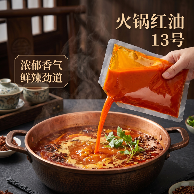 淘宝电商主图，火锅红油13号，场景是红油下锅涮煮的使用展示，突出红油的色泽和浓郁香气，新中式国风风格，1:1构图预览效果