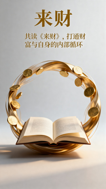 读书会海报设计，主标题是"来财"，副标题是"共读《来财》，打通财富与自身的内部循环"。整体风格现代大气，暖金色调，融入书本、金币、流动循环元素，排版简洁高级，突出主题文字，适合知识分享活动宣传预览效果