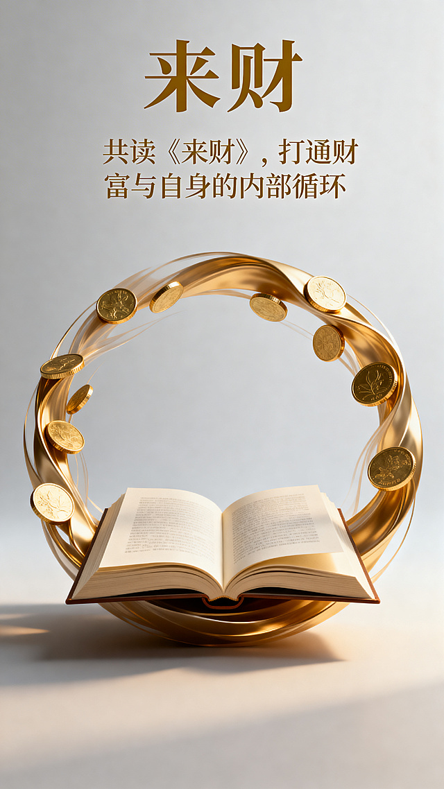 读书会海报设计，主标题是"来财"，副标题是"共读《来财》，打通财富与自身的内部循环"。整体风格现代大气，暖金色调，融入书本、金币、流动循环元素，排版简洁高级，突出主题文字，适合知识分享活动宣传