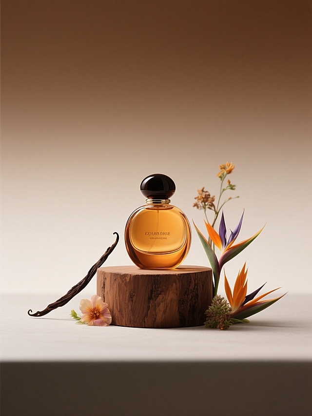 琥珀色香水特写，放在圆润的棕色原木块上，环绕着异国情调的香草和鲜花，背景是柔和的棕色渐变背景