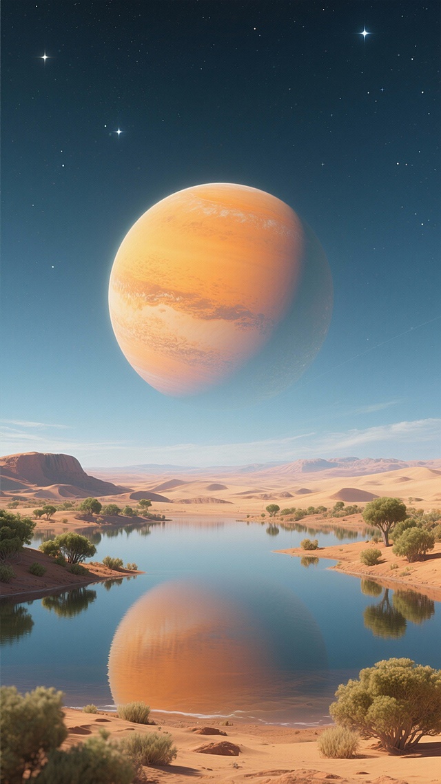 生成15张星球科幻高清图的生成。呈现不同色彩搭配、地貌特征的外星星球场景，包含巨型星球、山地水域、星空等元素。