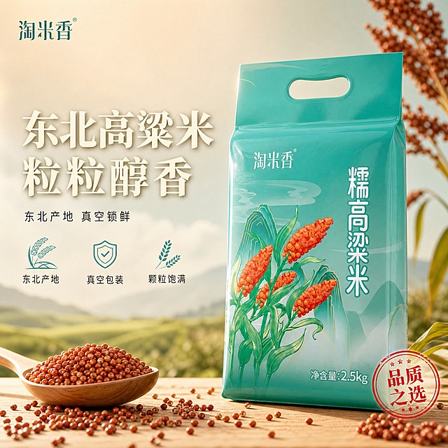 [单张主图] 淘米香糯高粱米 高端品质路线 电商主图 目标：高点击高转化 突出真实谷物质感与东北产地高端品质感 吸引高端消费人群

[画面主体] 画面右侧偏中位置放置一袋淘米香糯高粱米真空包装产品 主体占画面约50% 产品正面朝向观众 略微左倾15度 包装外观颜色结构Logo字体与输入产品图完全一致 保持青绿色包装 白色淘米香品牌Logo 竖排糯高粱米大字 红色高粱穗插画 包装底部净含量2.5kg字样保留但不做重点突出 包装质感真实 有真空包装的紧实感和轻微弧度 表面有柔和高光

[构图版式] 采用高级氛围感-左文右物场景型版式 左侧约40%区域留白放置文案 右侧产品主体 底部用真实谷物和场景元素承托 整体平衡有层次

[场景元素] 背景为浅米色到浅青绿色的柔和渐变 带有轻微的东北田野远山剪影虚化效果 营造产地氛围 产品前方散落一些真实的红高粱米颗粒 用微距质感表现 颗粒饱满圆润 有通透光泽 左侧下方放一个小木勺 勺中盛满高粱米 展示真实谷物形态 产品底部有浅木色台面承托 有柔和接触阴影 背景右上角有少量虚化的高粱穗植物作为装饰 增加自然感 左上角安全区放置品牌Logo 与产品包装上的淘米香字体完全一致

[文案版式] 左上角品牌位：淘米香 小号精致字体
左侧中部主标题分两行：东北高粱米 粒粒醇香 主标题用粗宋体 字形厚重有品质感 米白色字 带轻微阴影 字号大且醒目
主标题下方副文案一行：东北产地 真空锁鲜 用细黑体 字号约为主标题的40% 深灰色
副文案下方排列3个轻量卖点图标加文字 横向排列 每个图标为细线风格：
第一个 稻谷图标 + 东北产地
第二个 盾牌图标 + 真空包装
第三个 麦穗图标 + 颗粒饱满
卖点文字用小号细黑体 深灰色 图标为浅青绿色
右下角放置一个小圆章样式标签 内文：品质之选 红色印章风格 增加高端感

[光影质感] 自然光从左上方斜射 柔和窗光效果 产品左侧有高光 右侧有自然过渡阴影 谷物颗粒有通透的光泽感和立体感 整体画面柔光 浅景深 背景虚化 主体清晰 商业静物摄影质感 高级干净 有空气感

[配色字体] 主色：浅米色 浅青绿色 从产品包装提取配色
辅助色：木色 红色（高粱米/印章） 深灰色文字
强调色：浅金 用于高光和细节点缀
字体：主标题粗宋体 有文化品质感 辅助文案细黑体 清晰易读 整体字体克制不花哨

[比例分辨率] 1:1 800*800像素 文字清晰可辨 产品细节清晰

[负向提示词] 禁止变形 禁止错字 禁止糊字 禁止伪Logo 禁止主体遮挡 禁止背景杂乱 禁止低清晰度 禁止错误结构 禁止功效营销词 禁止绝对化用语如最第一顶级100% 禁止虚假宣传 禁止触犯广告法词汇 禁止出现重量数字作为卖点 禁止悬浮感 禁止卡通风格 禁止廉价感
