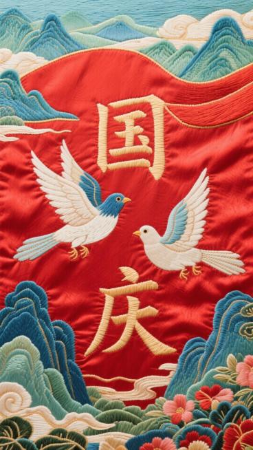 国潮风格庆祝国庆主题竖版海报，主体为“国庆”二字（采用金色刺绣质感，带有精致花纹纹理，部分笔画辅以蓝色刺绣点缀），搭配两只姿态灵动的金色和平鸽（翅膀有金属光泽与细腻羽毛细节）；背景是带有华丽织物纹理与预览效果