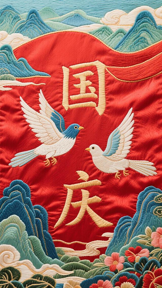 刺绣风国潮设计，工笔重彩描绘双鸟翔云，浮雕质感山川环绕“国庆”二字，红底金线尽显中式喜庆与民族古典之美。
