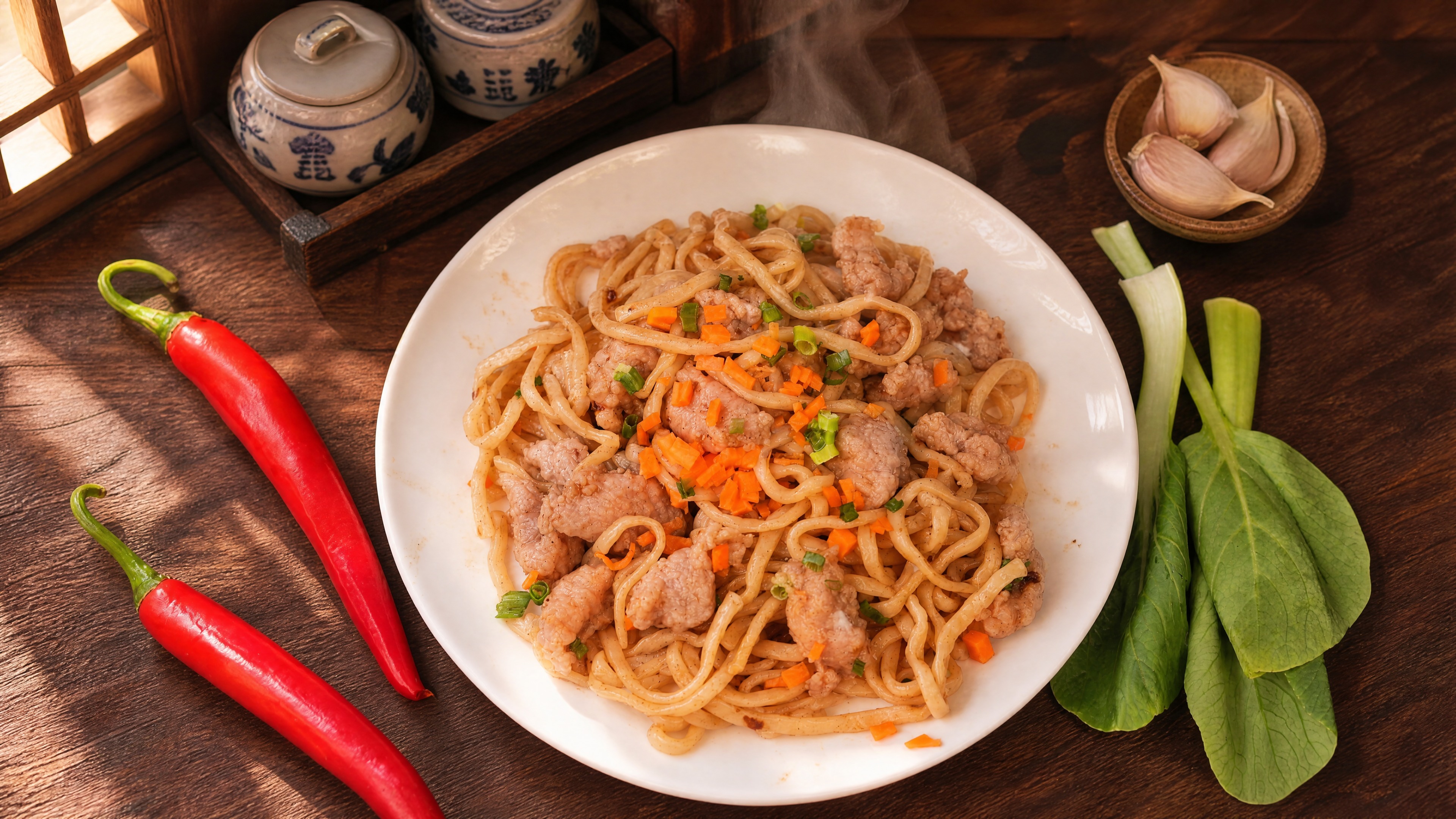 肉片拌面严格参照上传产品图，完整保留白盘、面条、肉片、胡萝卜丁… - 图片创意预览
