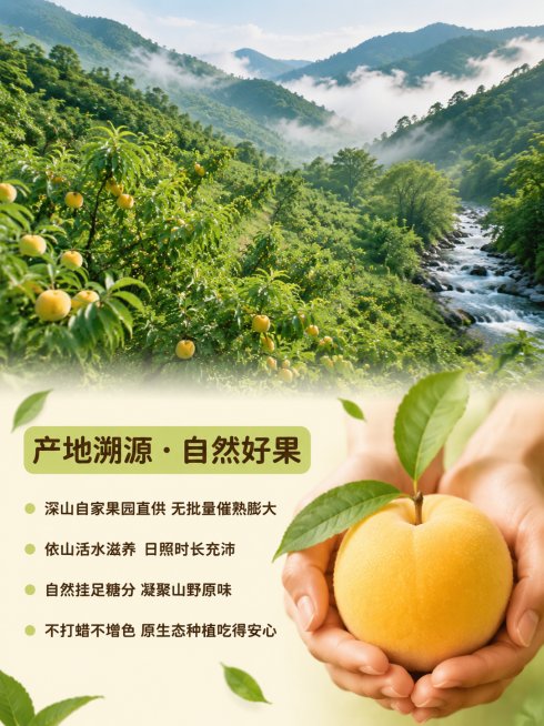 首屏主标题
农家自种黄金蜜桃 现摘现发 香甜爆汁
板块 1：产地溯源・自然好果
深山自家果园直供，无批量催熟膨大依山活水滋养，日照时长充沛自然挂足糖分，每颗桃子都凝聚山野原味不打蜡不增色，原生态种植吃预览效果