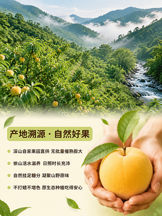 首屏主标题
农家自种黄金蜜桃 现摘现发 香甜爆汁
板块 1：产地溯源・自然好果
深山自家果园直供，无批量催熟膨大依山活水滋养，日照时长充沛自然挂足糖分，每颗桃子都凝聚山野原味不打蜡不增色，原生态种植吃得安心
板块 2：颜值品相・金黄诱人
通体暖黄果肉饱满圆润果形端正匀称，果皮薄嫩顺滑剥开果皮果香瞬间迸发金黄果肉通透鲜亮，看着就格外有食欲
板块 3：口感风味・一口沦陷
果肉紧实细腻，汁水丰盈满口爆汁清甜果香混着自然蜜香甜度柔和不齁，脆嫩爽口咬下满口水润果香，老少都爱吃
板块 4：新鲜采摘・锁住本味
清晨带露现摘，人工精选优品果剔除残次坏果，层层细心分拣摘下即刻打包发货最大程度锁住鲜果原汁原味
板块 5：营养实惠・家常好物
富含多种维生素与天然果酸日常解馋、餐后鲜果、送礼待客皆宜自家种植性价比高实惠价吃到果园直送地道黄金桃
板块 6：售后贴心保障
严控鲜果品质，坏果包赔泡沫防撞包装，路途减少磕碰损伤新鲜直达家门口，放心选购尝鲜