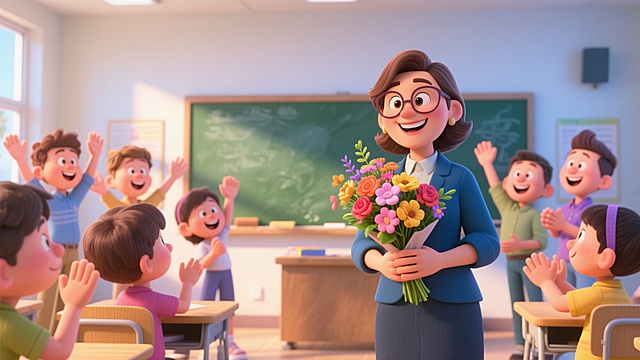 3D卡通风格，教师节温馨场景，拟人化学生献花，清新色彩营造欢乐氛围。