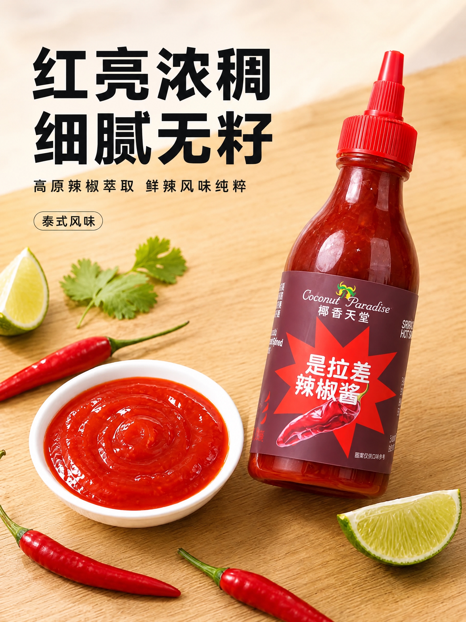 将图中的辣椒酱瓶主体替换为参考图中的椰香天堂是拉差辣椒酱瓶，保… - 图片创意预览