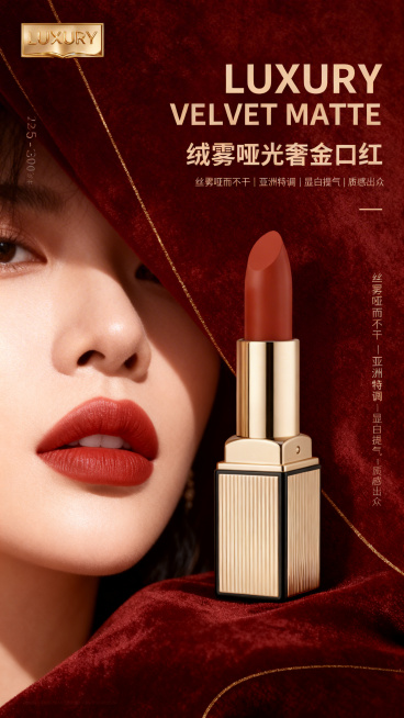 雅诗兰黛同源视觉 + 合规省积分，参考图同款口红，鎏金方管、黑边、银色中节，膏体带竖向肌理雕刻，全色号统一外观；同一位精致亚洲女模特（25-30 岁），面部、气质、妆容全程统一；整体风格：绒雾暖棕奢享预览效果