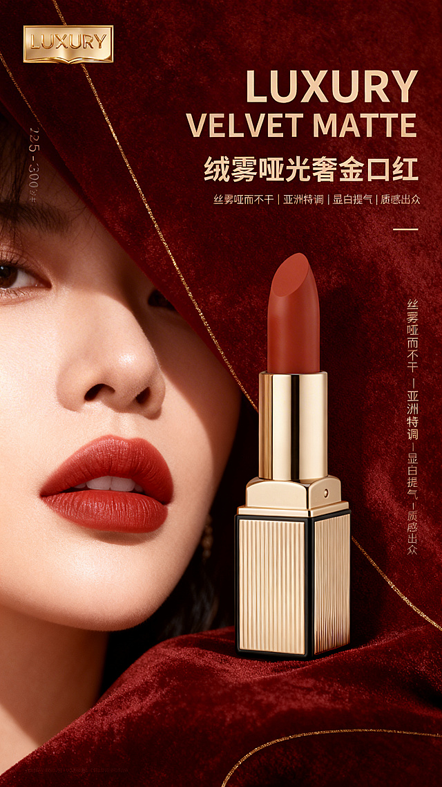 雅诗兰黛同源视觉 + 合规省积分，参考图同款口红，鎏金方管、黑边、银色中节，膏体带竖向肌理雕刻，全色号统一外观；同一位精致亚洲女模特（25-30 岁），面部、气质、妆容全程统一；整体风格：绒雾暖棕奢享风，焦糖棕 / 酒红暗调背景，柔焦电影光影，高级丝绒哑光质感，1K 分辨率，天猫高端美妆海报。背景酒红绒面 + 鎏金线条装饰，柔光高级氛围。左侧：模特唇部极致特写，唇峰清晰，唇色高级显气色；右侧：LUXURY 鎏金方管口红主体突出，膏体肌理清晰，质感细腻。主标题："LUXURY VELVET MATTE"，副标题："绒雾哑光奢金口红"，核心卖点："丝雾哑而不干｜亚洲特调｜显白提气｜质感出众"，左上角：LUXURY logo，鎏金奢耀金属光泽，全页精雕细节（金色、高奢、优雅、纯色），多英文字母 "LUXURY"，排版适配竖版电商海报，字体：无衬线粗体，品牌名：LUXURY，字母间距宽，无渐变、无阴影、无杂色、无衬线、无水印。负面词：cluttered, busy, shadows, watermark, messy text, low quality, blurry, logo repeated
