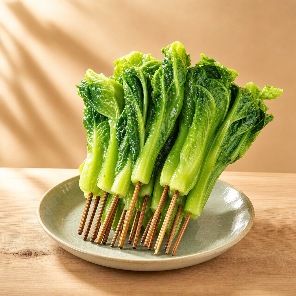 参考暖米色光影背景风格优化生菜串：保留整株翠绿饱满叶片的绿叶蔬… - 图片创意预览