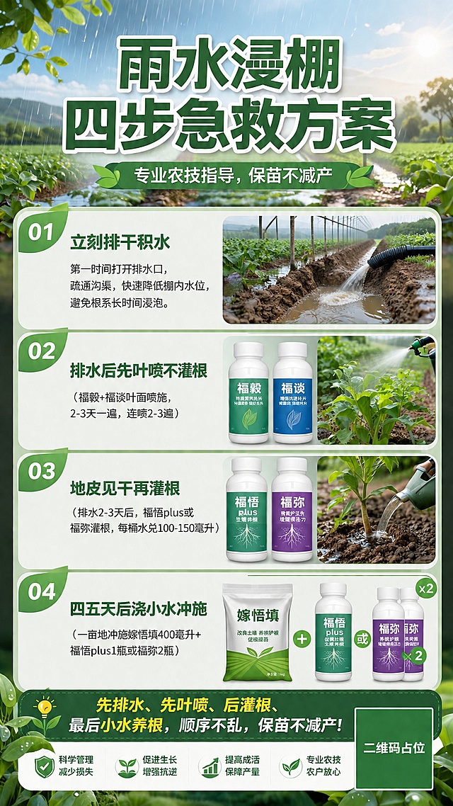 农业农技内容种草海报，写实风格，清新自然绿色农业背景，画面版式精美，主标题在上居中，使用大字体清晰展示“雨水浸棚 四步急救方案”，副标题展示“专业农技指导，保苗不减产”。分四块清晰列出四个步骤：第一步“立刻排干积水”，第二步“排水后先叶喷不灌根（福毅+福谈叶面喷施，2-3天一遍，连喷2-3遍）”，第三步“地皮见干再灌根（排水2-3天后，福悟plus或福弥灌根，每桶水兑100-150毫升）”，第四步“四五天后浇小水冲施（一亩地冲施嫁悟填400毫升+福悟plus1瓶或福弥2瓶）”，底部标注核心口诀：“先排水、先叶喷、后灌根、最后小水养根，顺序不乱，保苗不减产！”，搭配浅绿色草地雨后天晴背景，整体风格专业清新，适合农业知识科普，所有文字必须清晰可读，画面中所有数字必须精确渲染，不得错位、遗漏或编造，画面中所有二维码区域使用纯色方块占位符呈现，方块中央标注"二维码占位"文字，严禁生成任何可识别的二维码图案，画面中所有信息区域、步骤区块必须填充完整合理的内容，不得出现空白框、空白占位。