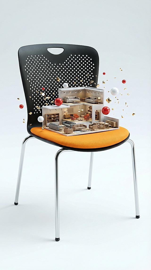 3D微缩艺术风，现代感与未来感交织，金属质感椅身承载梦幻家居场景，粒子飘散，超现实主义设计，趣味十足。