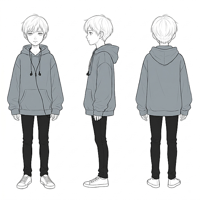 A character design turnaround sheet of a 10-year-old modern skinny little boy named Ash, short white hair, pale skin, slender and frail build, wearing an oversized gray-blue hoodie with long sleeves covering half his hands, black slim-fit pants, white canvas shoes, a pair of black wired earphones around his neck. Front view, side view, back view, orthographic projection, clean pencil line art, sketch style, delicate linework, detailed facial features, childlike features, neutral expression, full body standing pose, simple white background, professional character reference sheet, no text, no watermark, no extra elements, monochrome pencil drawing
