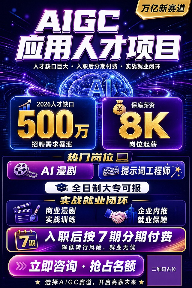 AIGC应用人才项目招生宣传海报，竖版9:16，深紫蓝渐变科技风格，AIGC人工智能主题，未来感潮流，专业高端有冲击力。全新构图版本。

【顶部主视觉区】
主标题："AIGC 应用人才项目"，白色超大粗体立体字，居中靠上，视觉焦点，带紫粉霓虹发光描边
右上角金色标签："万亿新赛道"
主标题下方Slogan："人才缺口巨大 · 入职后分期付费 · 实战就业闭环"，白色小字
背景：深紫蓝渐变，中央有大型AI大脑/神经网络3D图形，周围环绕数据流光线，半透明深色蒙版叠加提升文字可读性，光点粒子漂浮

【大数字冲击区】（画面中部最醒目）
左右两个大数字卡片悬浮：
  左卡片：深蓝色玻璃质感圆角卡片，📈向上箭头图标，上方小字"2026人才缺口"，中间"500万"超大金色加粗数字，下方"招聘需求暴涨"
  右卡片：深紫色玻璃质感圆角卡片，💰钱袋图标，上方小字"保底薪资"，中间"8K"超大金色加粗数字，下方"岗位起薪"
两个数字必须最大最醒目

【热门岗位区】
标题："热门岗位" 金色大字，配💻电脑图标
横排两个圆角卡片：
  卡片1："AI 漫剧" 紫粉渐变底白字，配🎬电影胶片图标
  卡片2："提示词工程师" 蓝紫渐变底白字，配键盘/魔法棒图标

【学历要求区】
白色圆角标签："全日制大专可报" 深蓝色字，配学历帽图标，居中

【实战就业保障区】
标题："实战就业闭环" 金色大字
左右两个要点：
  左："商业漫剧实战训练" 配🎬画笔/漫剧图标
  右："企业内推就业保障" 配握手/企业图标

【付费模式区】
紫金色渐变横幅："入职后按7期分期付费" 白色大字，醒目突出
下方小字："降低转行风险，就业无忧"

【底部CTA区】
紫粉渐变圆角大按钮："立即咨询 · 抢占名额" 白色粗体大字
右下角：二维码占位符（纯色方块中央标注"二维码占位"文字）
最底部小字："选择AIGC赛道，开启高薪未来"

【整体风格】
- 配色：深紫蓝渐变底色 + 金色数字强调 + 白色正文 + 紫粉标签 + 霓虹光效
- 装饰：AI神经网络、3D大脑图形、数据光线流动、光点粒子、玻璃质感卡片
- 半透明深色蒙版叠加背景，白色文字高可读性
- 重点数字500万、8K必须字体最大最粗，视觉冲击力最强
- 小图标点缀：📈💻💰🎬，强化卖点视觉
- 版式精美，层级分明，潮流未来感
- 画面中所有信息区域必须填充完整合理的内容，不得出现空白框或占位横线
- 画面中所有数字必须精确渲染，不得错位、遗漏或编造
- 画面中所有二维码区域使用纯色方块占位符呈现，方块中央标注"二维码占位"文字，严禁生成任何可识别的二维码图案