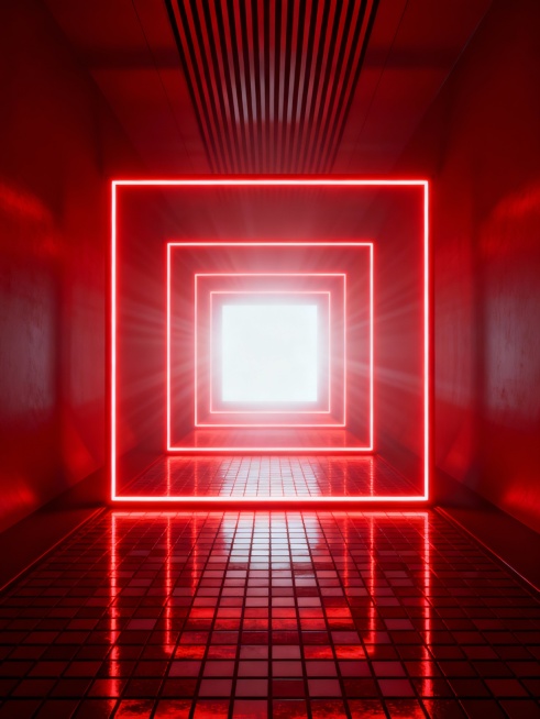 赛博朋克风格科技感视觉摄影，高饱和度红色调，以深红、亮白、霓虹红为主色调，神秘而充满科技感的未来隧道氛围。画面中央是占比约20%的3层嵌套发光方形框架，框架高透明度，霓虹边框发出明亮的红色光芒，内部核心有强烈的白色高光，形成视觉中心。框架下方是带方格纹理的通道地面，反射着霓虹光线。整个场景处于红色调隧道空间，隧道背景带有明显的光晕效果，从中心向外扩散。顶部有水平排列的条纹装饰元素，增强空间纵深……预览效果