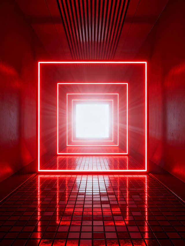 赛博朋克风格科技感视觉摄影，高饱和度红色调，以深红、亮白、霓虹红为主色调，神秘而充满科技感的未来隧道氛围。画面中央是占比约20%的3层嵌套发光方形框架，框架高透明度，霓虹边框发出明亮的红色光芒，内部核心有强烈的白色高光，形成视觉中心。框架下方是带方格纹理的通道地面，反射着霓虹光线。整个场景处于红色调隧道空间，隧道背景带有明显的光晕效果，从中心向外扩散。顶部有水平排列的条纹装饰元素，增强空间纵深感。光影运用上，中心框架高光强烈，隧道内壁光影渐变自然，阴影细节丰富。